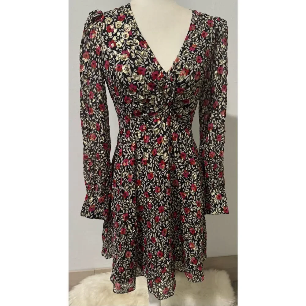 Kate Spade Metallic floral park clip dot silk blend mini dress 0